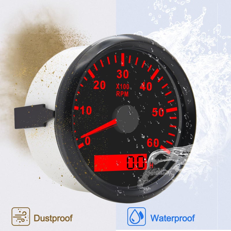 Geloo 85MM Marine Tachometer Outboard Waterproof 6000RPM Boat RPM Tacho Meter with LCD Digital Hour Meter Red Backlight for Car Truck Diesel Engine 9-32V - Image 2
